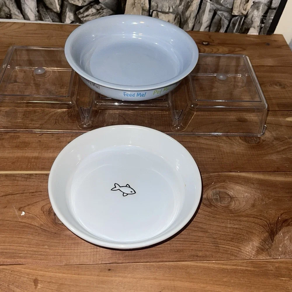 Lot Of 3 Ceramic Cat Feeding Water Bowl Dishes White, Blue Stoneware Kitty